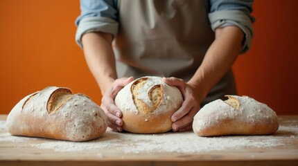 An artisan baker shapes loaves of bread on a flour-dusted wooden table wide banner - orange background