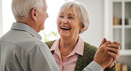 Joyful elderly couple dancing and laughing together, celebrating life and companionship