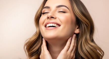 Radiant young woman with beautiful wavy hair closes her eyes in pure delight, expressing genuine joy and serene happiness in a close-up portrait