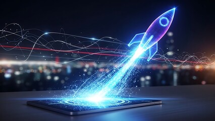 A bright blue digital illustration of city lights in motion creating a glowing vector art effect in the dark night