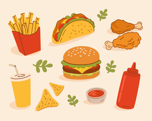 Fast Food Elements in Hand-Drawn Style for Menu Design Set
