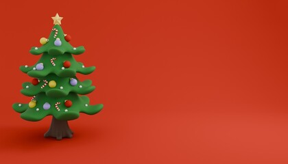 A festive 3D illustration featuring a decorated Christmas tree with colorful ornaments, string lights, snow elements, and gift boxes.
