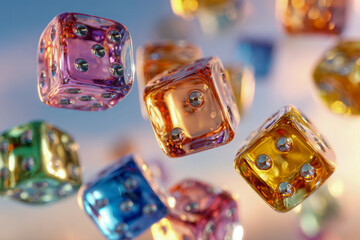 Colorful translucent dice with reflective surfaces floating in soft light creating an abstract and vibrant gaming atmosphere with a dynamic playful mood