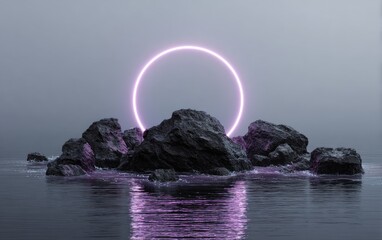 Rocks jut from still water under foggy sky. Above, a neon pink ring radiates. Its reflection shimmers on the surface