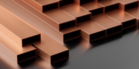 Raw copper rectangle profiles stacked on dark floor background, construction or manufacturing materials concept, selective focus