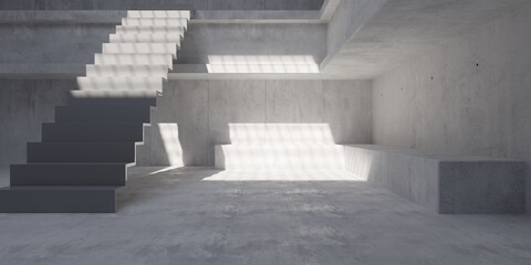 Concrete interior room with massive wall beams and stairs - modern butalism interior background template