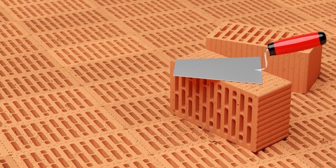 Layer of new, unused red brick stones background with two bricks and trowel, construction, building trade or masonry industry concept, selective focus with copy space