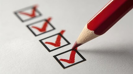A close-up of a red pencil marking a checklist with four checked boxes, emphasizing organization and task completion.