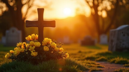 Christian grave marker with wooden cross surrounded by fresh yellow flowers creates somber memorial scene on cemetery path at sunset 
