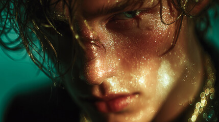 Shimmering light reflects on moist skin, creating a mysterious look that emphasizes the intense gaze and dramatic portrait atmosphere.
