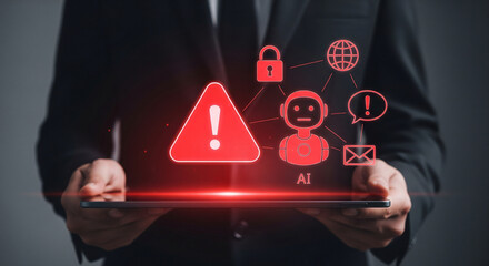 Businessman warns of AI risks with digital security icons overlay on tablet
