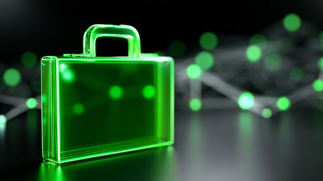 3D realistic render, deep gradient background from black to green, glowing blockchain network lines and interconnected nodes across the background, futuristic digital atmosphere. I