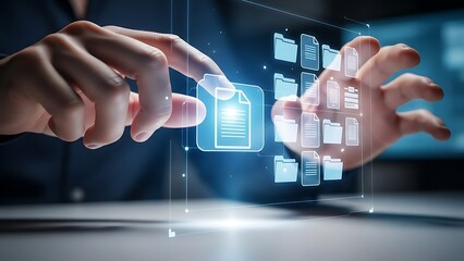 Business woman pressing a virtual touchscreen button