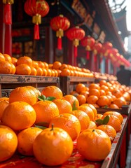 Vibrant display of fresh oranges and tangerines on market stalls with traditional red Chinese lanterns in the background, celebrating a festive atmosphere.