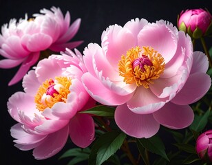 Close-up view of beautiful pink peony flowers with vibrant yellow centers blooming against a dark, soft background.