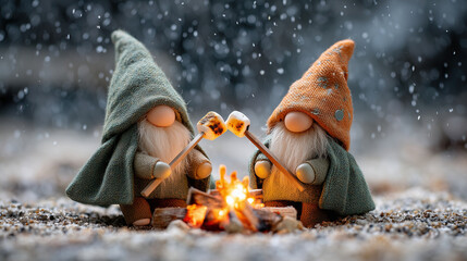 Duo of gnomes roasting marshmallows over a tiny campfire, wearing forest green blankets as capes, holding sticks with golden marshmallows, orange glow on their faces, looking direc