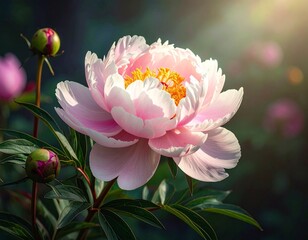 A beautiful pink peony flower in full bloom with green leaves and buds, bathed in soft sunlight.
