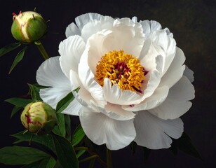 A close-up shot of a beautiful white peony flower with a vibrant yellow center, accompanied by two green buds, set against a dark background.