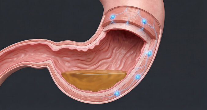 Gastric Antrum Cross-Section: Wall Layers, Enteric Nervous System, and Stagnant Chyme in Gastroparesis
