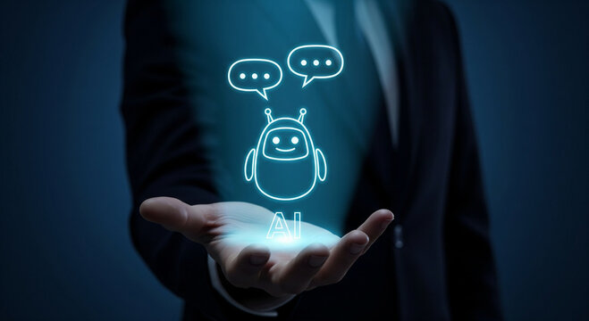 Businessman holding a glowing chatbot icon with speech bubbles, representing artificial intelligence and communication - Powered by Adobe