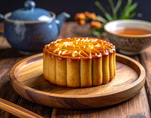 A beautifully crafted mooncake with intricate patterns served on a wooden plate, accompanied by a traditional teapot and a cup of tea.