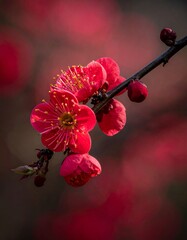 Close-up of vibrant red plum blossoms with yellow stamens on a dark branch, set against a soft, blurred red background.