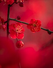 Two vibrant red plum blossoms with a bud on a dark branch against a soft, blurred red background, showcasing the delicate beauty of nature.