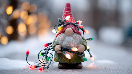 Adorable gnome with white beard tangled in colorful Christmas string lights wrapped around body and hat, wearing red pointed hat, green coat, holding plug end of lights, surprised
