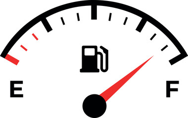 Fuel gauge icon showing empty tank symbol for low gasoline or energy level isolated on white background