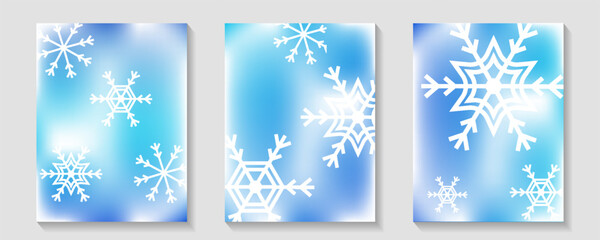 Set of abstract winter gradient Christmas poster backgrounds. Minimalist cover with snowflakes on a blue background. For festivals, cards, promotions, Happy New Year, and advertising. Vector