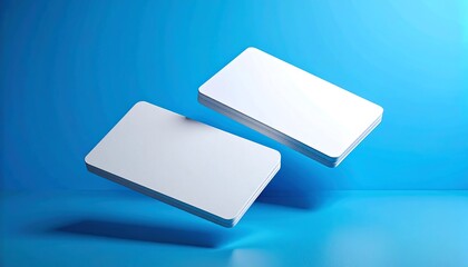 Modern 3D render of two blank, white, rounded-corner cards dynamically floating against a vibrant blue backdrop, perfect for showcasing custom branding, identity, or design concepts