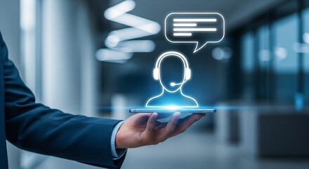 Customer support representative holding a tablet with a glowing communication icon, symbolizing digital assistance.