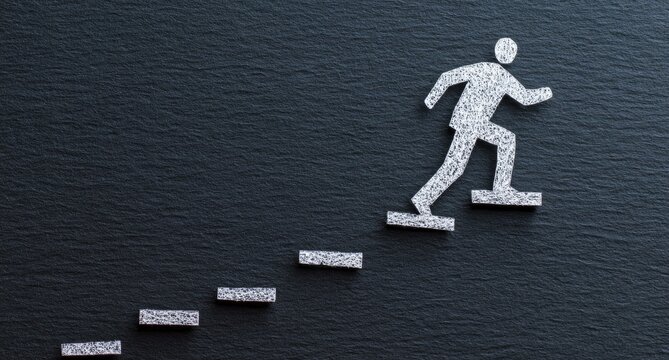 Paper cut-out figure ascends steps against a dark, textured background, symbolizing progress or advancement