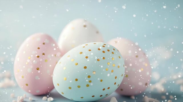 Four eggs with gold polka dots on them. One is pink, one is blue, and two are white