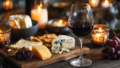 Red wine & cheese board brie, blue cheese, cheddar, crackers, grapes, and candles provide warm ambiance