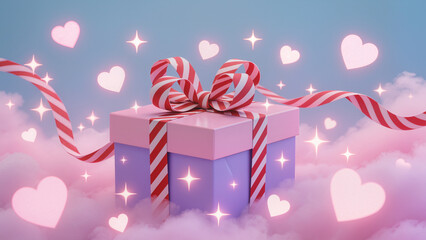 A whimsical gift box wrapped in candy-striped ribbon, floating heart-shaped confetti, soft pink gradient background, warm ambient lighting, celebration atmosphere