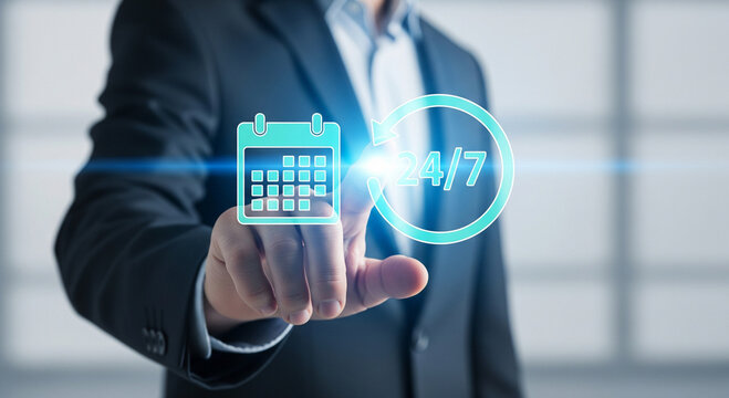 Businessman presses digital button for constant 24/7 availability and scheduling - Powered by Adobe