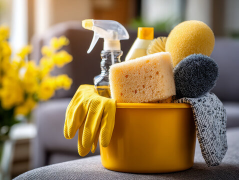 Yellow bucket filled with various cleaning supplies including sponges, spray bottle, gloves, and scrub brushes ready for household chores on soft background - Powered by Adobe