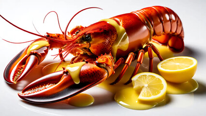 Delicious Cooked Lobster with Lemon Slices and Butter Sauce .