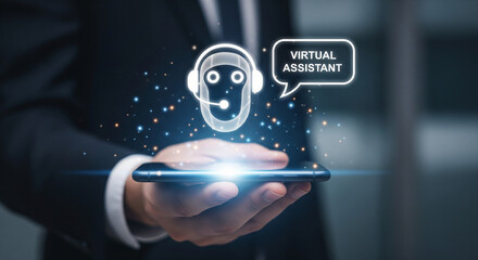 Man holding smartphone with virtual assistant icon and glowing light