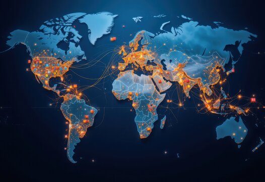 Mapa de rutas de navegaci&oacute;n a trav&eacute;s de oc&eacute;anos que muestran la log&iacute;stica global y el flujo comercial