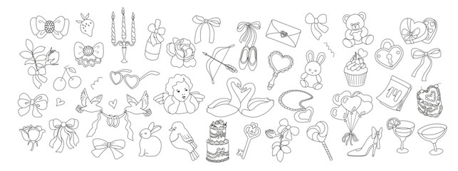 Large set of Valentine's Day line art elements. Hearts, arrows, flowers, gifts, couples in primitive minimalist style. Perfect for cards, invitations, social media.