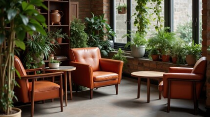 Fototapeta premium Leather chairs and plants in a rustic cafe setting 