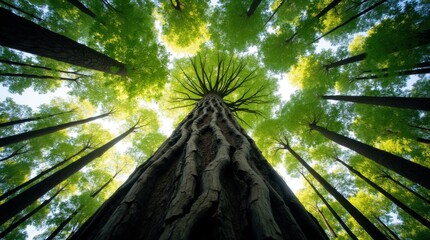 Majestic tall tree viewed from below with sunlight filtering through green canopy, forest perspective, copy space 
