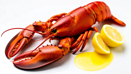 K&ouml;stlicher gekochter Hummer mit Zitronenscheiben und Buttersauce.