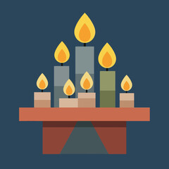 Seven candles of different sizes and colors are burning on a table. Vector illustration.