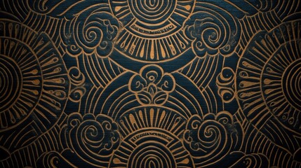 Fototapeta premium Swirls and circular patterns are seen on a textured surface. The design features a combination of gold and blue colors. This artwork is located in an art studio.
