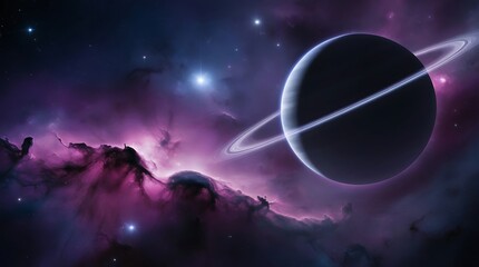 An interstellar nebula glowing in deep purples and blues, with a massive ringed gas giant dominating the right side of the frame, distant stars twinkling in the background.