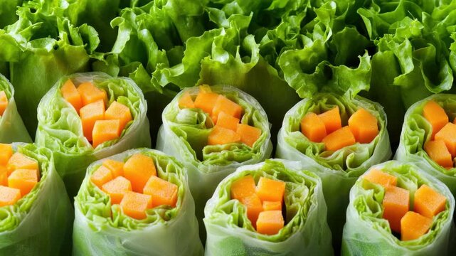Delicious fresh vegetable spring rolls, ready to eat.