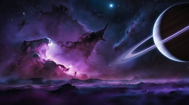 A vast interstellar nebula glowing in deep purples and blues, with a massive ringed gas giant dominating the right side of the frame, distant stars twinkling in the background. - Powered by Adobe